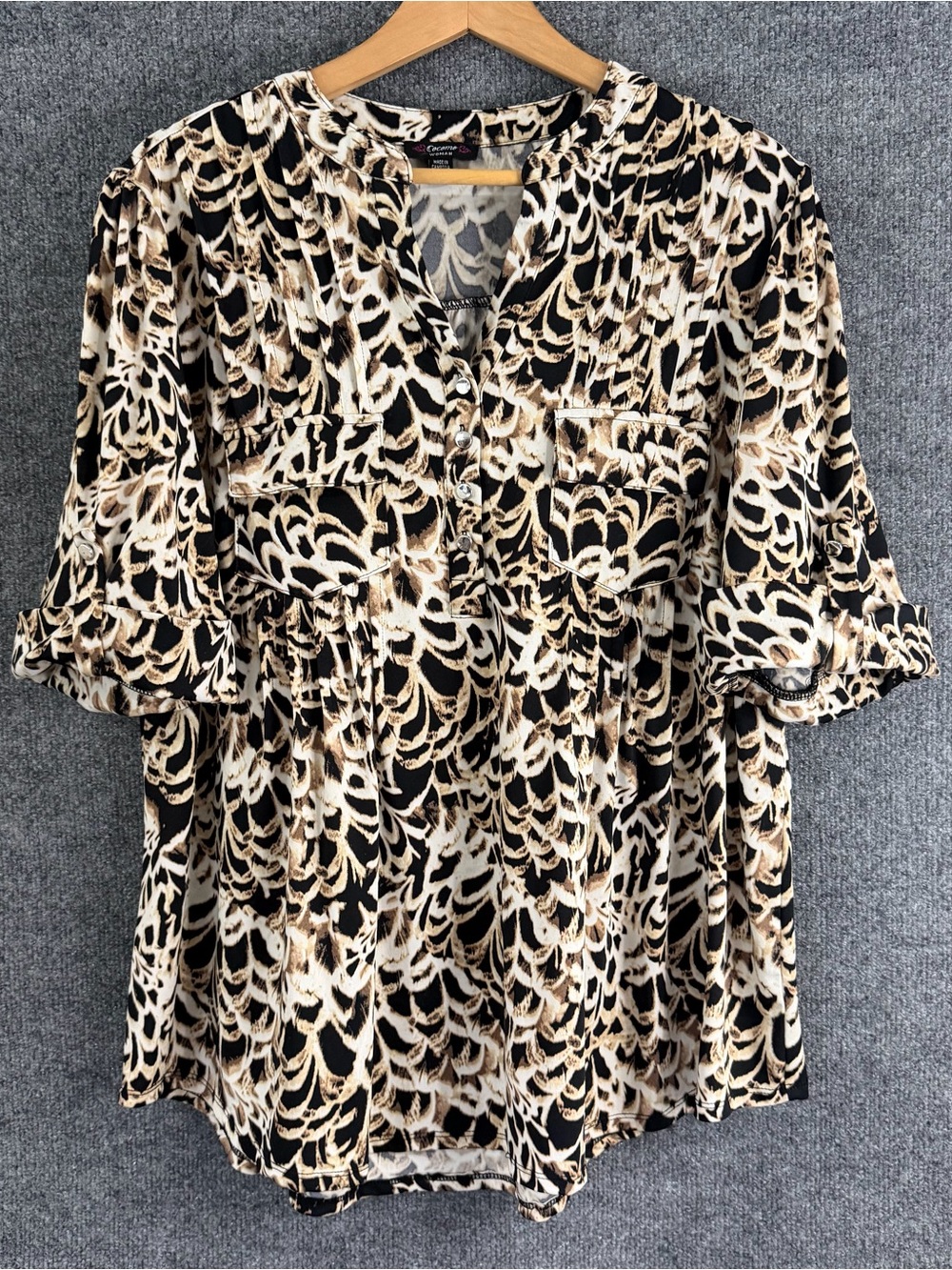 Cocomo Womens 2X Top Tan Black Elbow Roll Tab Sleeve Office Casual Stretch